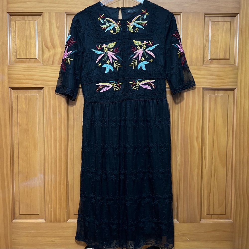 Roolee Black Embroidered Dress Size Medium